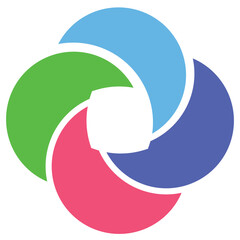Poster - four colorful shapes interlock to create a circular design with white negative space in the center