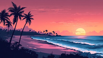 Wall Mural - Palm Trees Silhouetted Against a Pink Sunset Over the Ocean