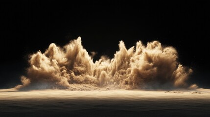 Dynamic Digital Art of a Dust Cloud with Sand Particles on Black Background – Evoking an Underwater Explosion Effect