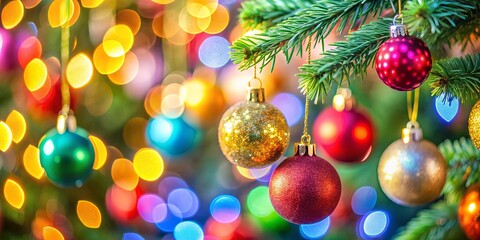 Wall Mural - Close-up of colorful Christmas ornaments hanging on a tree with beautiful bokeh background