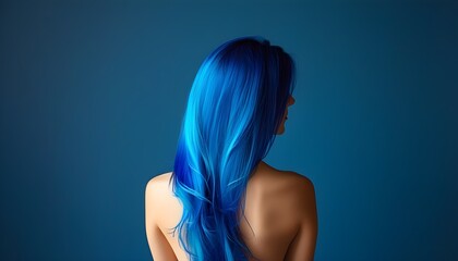 Vibrant blue-haired woman standing against a matching blue backdrop, showcasing the beauty and depth of her flowing locks