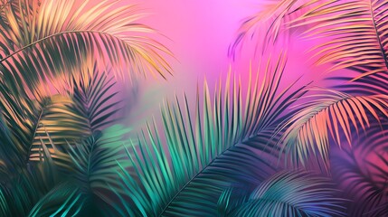 Tropical leaves with a vibrant pink, blue, and orange color scheme.