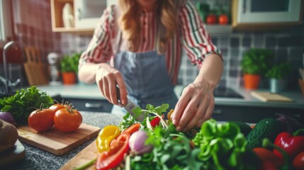 Closeup of female hands cooking salad in kitchen. Housewife is cutting vegetables for salad