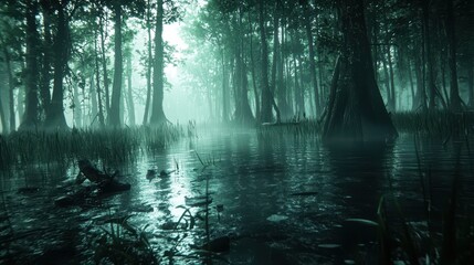 Wall Mural - Mysterious Swamp Forest with Fog and Trees Reflection