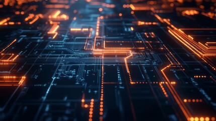 Leinwandbilder - A vibrant digital visualization of a high-tech circuit board illuminated with blue and orange glowing lines and drifting particles.