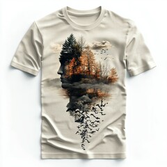 Wall Mural - Nature Inspired T Shirt Design with Forest and Birds Silhouette