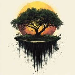 Canvas Print - Surreal Tree Floating In The Sky With Sun And Drip Effect