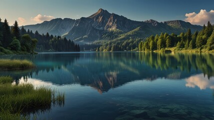 Wall Mural - realistic landscape illustration of a lake, mountains, and a beautiful sky