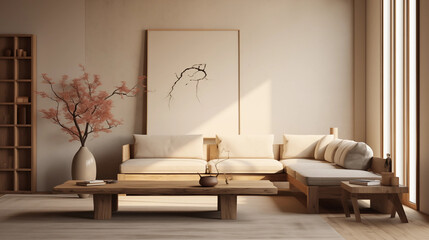 Wall Mural - Minimalist Living Room with Wooden Sofa and Coffee Table