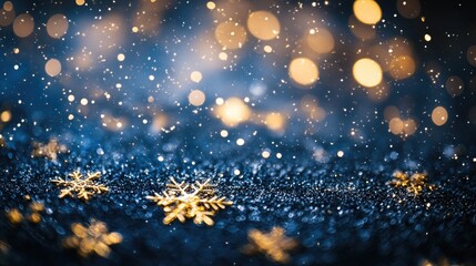 Canvas Print - A shimmering gold snowflake on a dreamy blue winter scene with delicate bokeh lights.