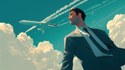 A young man in a suit and tie stands under an airplane, looking up as it flies away. The sky is bright blue abstract design