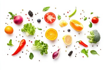 Different fresh fruits and vegetables in air on white background , ai