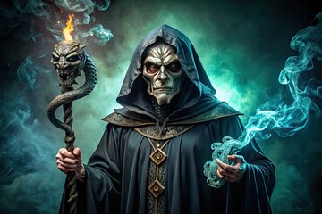 Wall Mural - Dark lord character with snake-like face, sinister gaze, and sinister robes, casting a spell with wand, surrounded by mystical, eerie, and haunting atmosphere.