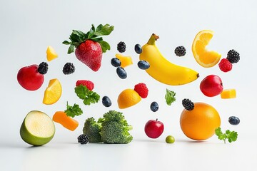 Different fresh fruits and vegetables in air on white background , ai