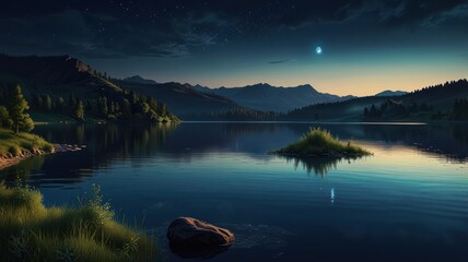 Wall Mural - realistic landscape illustration of a lake, mountains, and a beautiful sky