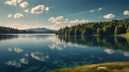 realistic landscape illustration of a lake, mountains, and a beautiful sky