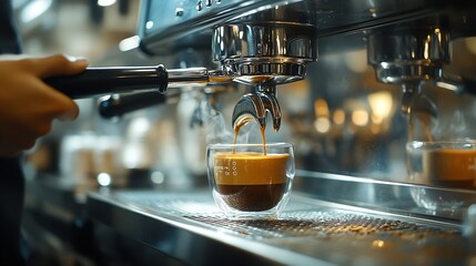 Poster - Barista is making espresso coffee with an automatic coffee machine Ready to serve customers in the cafe the aroma of fragrant coffee throughout the shop Refreshing Is a business of the : Generative AI