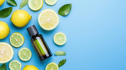 Wall Mural - Lemon Essential Oil Bottle with Fresh Lemons and Leaves on Blue Background