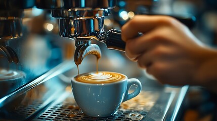 Poster - Low angle photo of a barista cleans the portafilter before preparing the cappuccino in a coffee shop or restaurant Closeup : Generative AI