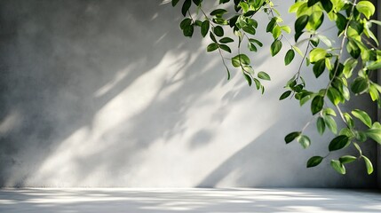 Aufkleber - Background Studio White wall Cement with Leaves Shadow and Marble floorEmpty Grey Concrete studio room with Table TopBackdrop background SpringSummer Cosmetic Product DisplayMockup Pre : Generative AI