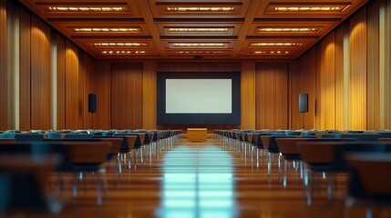 Fototapete - Empty conference room with screen banner table and chairs Business meetings forums and presentations : Generative AI