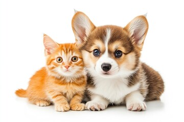 Cute Welsh corgi puppy and a red kitten sit together on a white background. isolated on a white background, ai