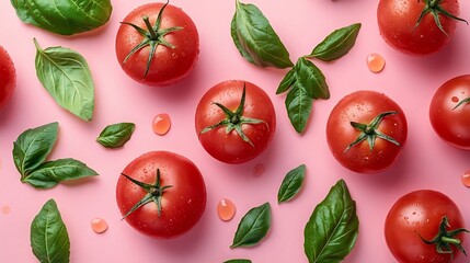Poster - Creative layout made of tomato and leaves on pink and white background Flat lay Food concept : Generative AI