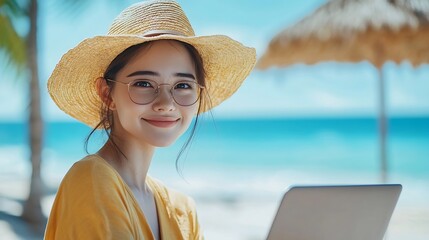 Poster - Woman sea laptop Business woman freelancer with laptop working over blue sea beach Happy smiling girl relieves stress from work Freelance remote work on vacation digital nomad travel c : Generative AI