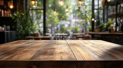 Fototapete - Empty wood table with blur interior coffee shop restaurant or cafe for background : Generative AI