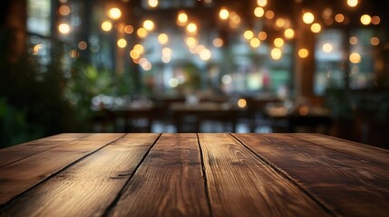 Leinwandbilder - Empty wooden table top with lights bokeh on blur restaurant background : Generative AI