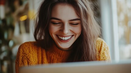 Sticker - Woman Laughing at a Laptop