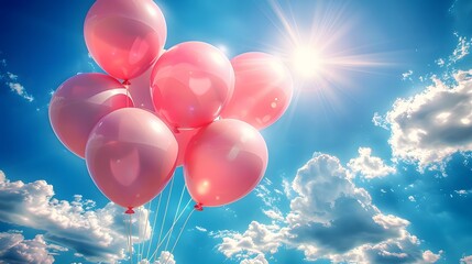 Balloons float in bright blue sky.