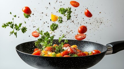 Poster - Frying pan with fresh ingredients in air on white background : Generative AI