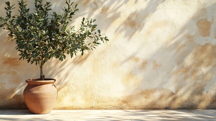 Aufkleber - Olive tree shadow on beige rustic wall with clay pot Summer mediterranean traditional home architecture design neutral aesthetic Texture paint plaster facade mockup background : Generative AI