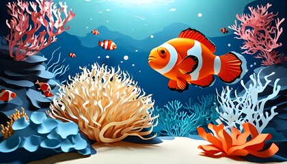 Wall Mural - Charming Paper Cut Illustration of Clownfish in Coral Reef Highlighting Underwater World and Environmental Preservation