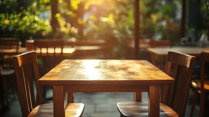 Aufkleber - Empty brown wood table and chair with sun light at coffee shop or restaurant blur background : Generative AI