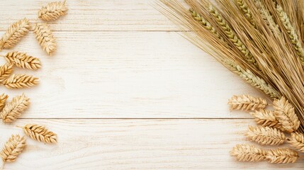 Poster - Wheat Spikes on White Wooden Background