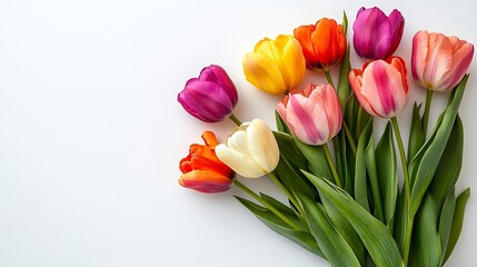 Poster - Colorful tulips flowers isolated on white background Floral banner Greeting card Valentines day 8 march Womens day Mothers day top view : Generative AI