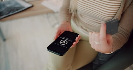 Aufkleber - Hands, woman and phone screen with credit card for ecommerce payment, finance transaction and easy fintech. Person, mobile and banking app for online shopping, web notification and checkout at house