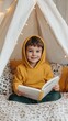 © red_orange_stock - A joyful child in a yellow hoodie engrossed in a book, nestled among soft bedding in a cozy tent, surrounded by warmth and comfort