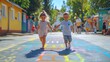 © Generative AI - Chalk road and kids with game playing and outdoor in playground of preschool summer and concentration Creative boy and girl in street hopscotch and pavement for break in weekend and to : Generative AI