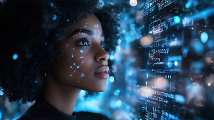 Aufkleber - World tablet and overlay with a business black woman using an ai or ux interface to access the metaverse of data Digital future and information with a global network working on a 3d ho : Generative AI