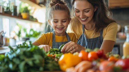 Healthy food at home Happy family in the kitchen Mother and child daughter are preparing proper meal : Generative AI