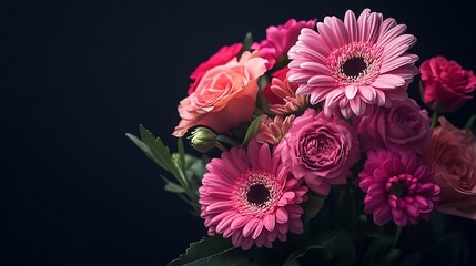 Poster - Vibrant flower bouquet in low key photography style Bold and inspirational Black background Deep and hot pink accents : Generative AI
