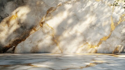 Poster - Gold Marble Table with Nature Shadow on Concrete Wall Texture Background Suitable for Cosmetic Product Presentation Backdrop Display and Mock up : Generative AI
