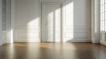 Poster - an empty room with wood flooring and white walls showing the light coming through the window onto th