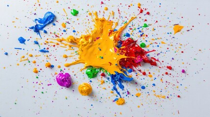 Poster - Bright and colorful paint splashes create an energetic visual on a pristine white surface, highlighting artistic flair and creativity