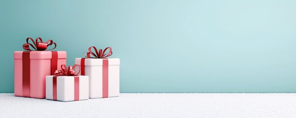 Wall Mural - Festive gift boxes adorned with ribbons against a minimalist pastel backdrop, perfect for holiday themes and celebrations.