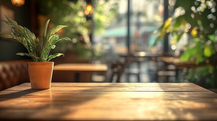 Aufkleber - Blurry cafe restaurant or coffee shop background and perspective view of wooden table corner : Generative AI