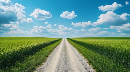 Poster - Country gravel road and green wheat fields with sky clouds natural landscape under blue sky : Generative AI